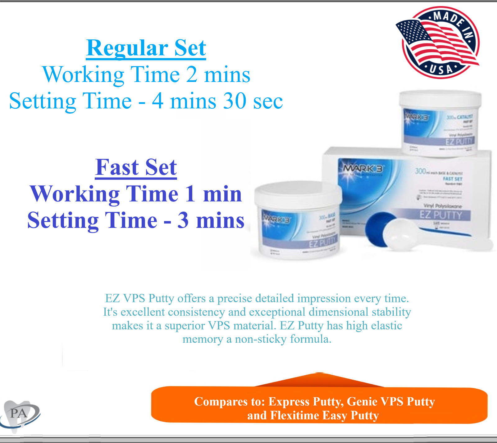 Dental VPS Putty Set EZ VPS Impression Material Base or Catalyst 600 gr, USA