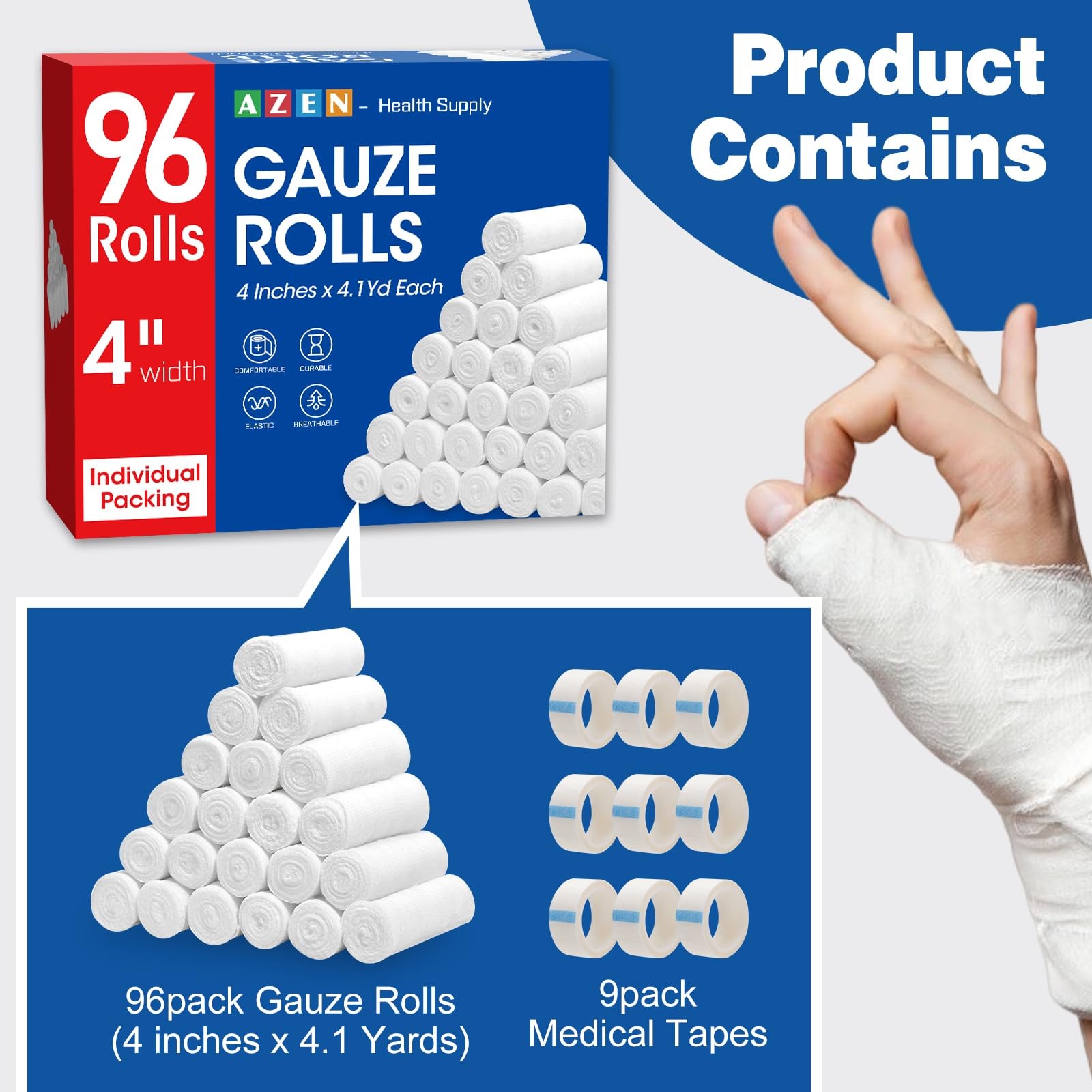 AZEN 96 Pack Gauze Rolls Bandages, 4 in x 4.1 Yards, Premium Medical 4IN, 96p