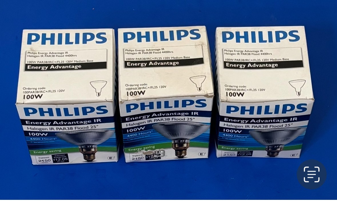 Lot of 3 Philips 100 Watt, 120 Volt PAR38 Infrared Halogen Lamp Bulb