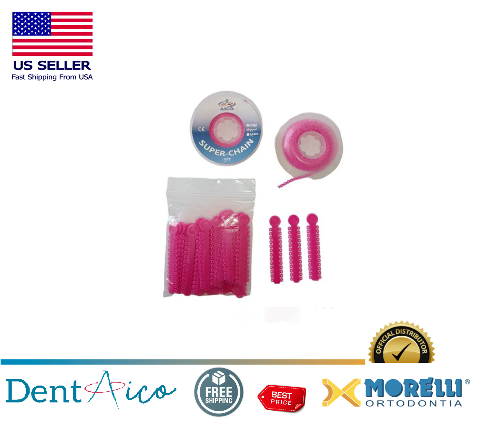 Elastic Ligature Modules & Power Chain Short Hot Pink Dentaico Orthodontic