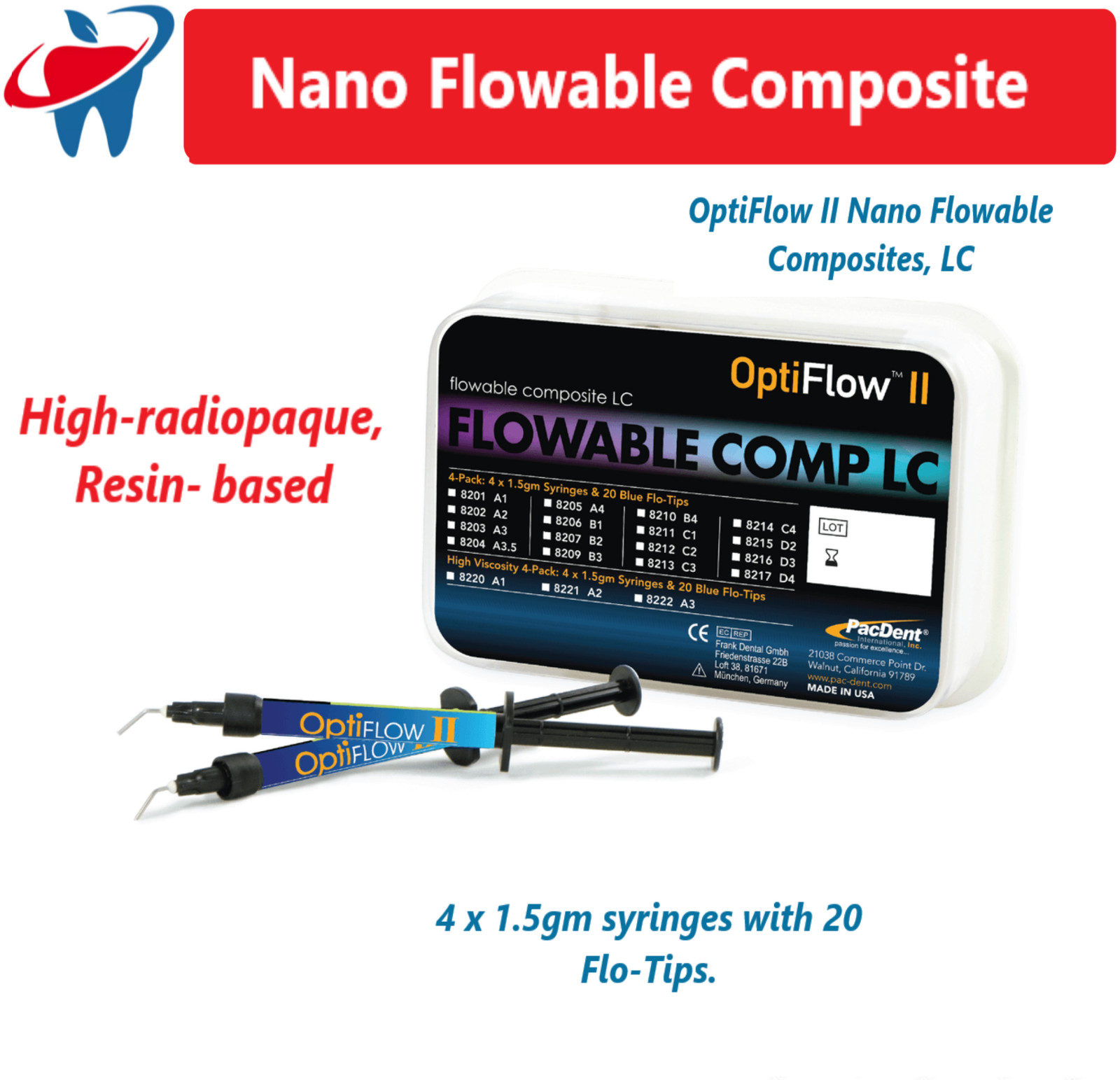 Dental OptiFlow II, Resin-based Flowable composite, A1, A2, A3, 4 x 1.5gm Syr US