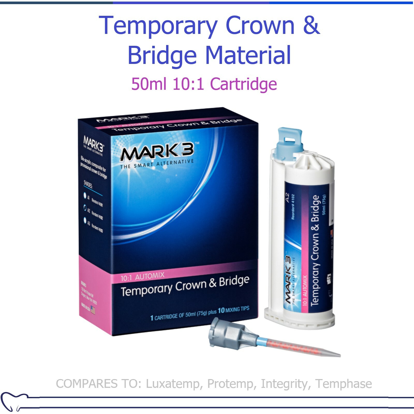 Dental Temporary Crown and Bridge Material, 50ml & 10 tips, Shade A2, A1, A3, B1