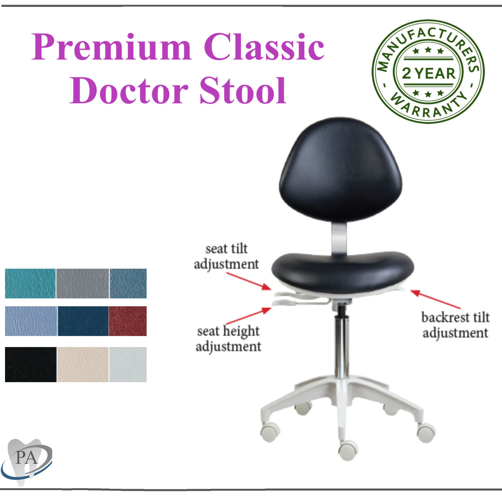 ProComfort Dental Doctor Stool Adjustable Seat, Back Height, 2 Yr Warrnty, US