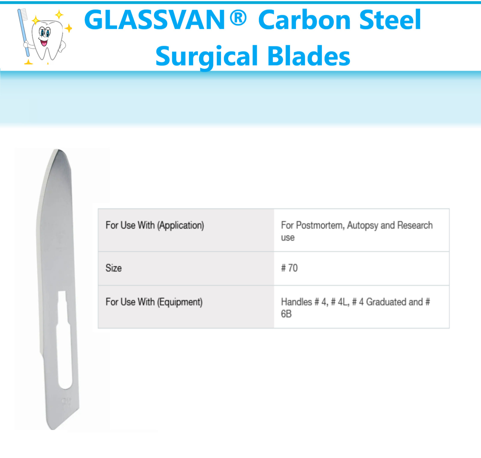 Dental GLASSVAN® Carbon Steel Surgical Blades 2001T-70GV Myco GLASSVAN #70 Blade