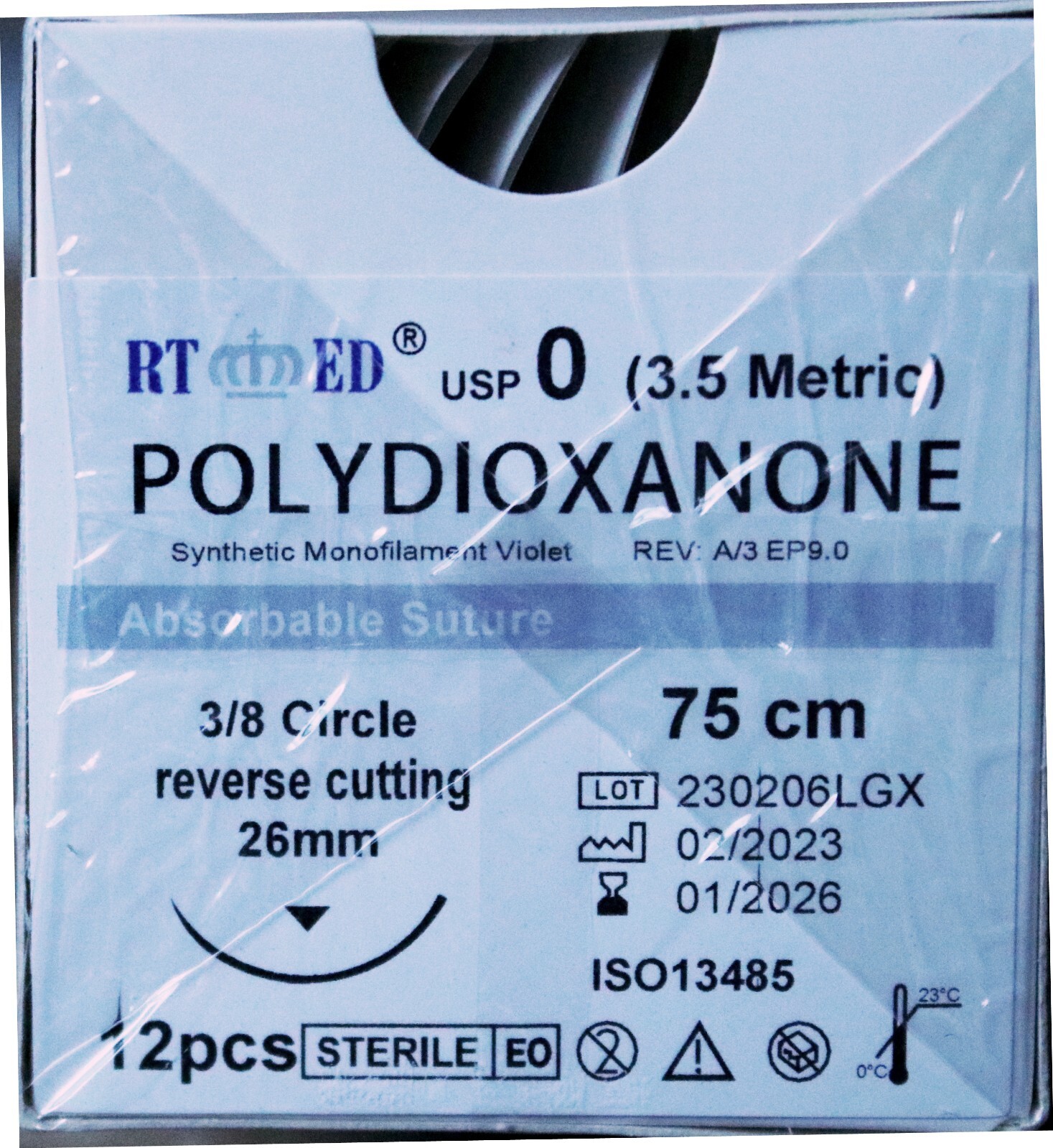 PDO/PDS Sutures SIZE 0, 75cm w/ 3/8 circle 26mm cutting needle Human/Vet 1 DOZ
