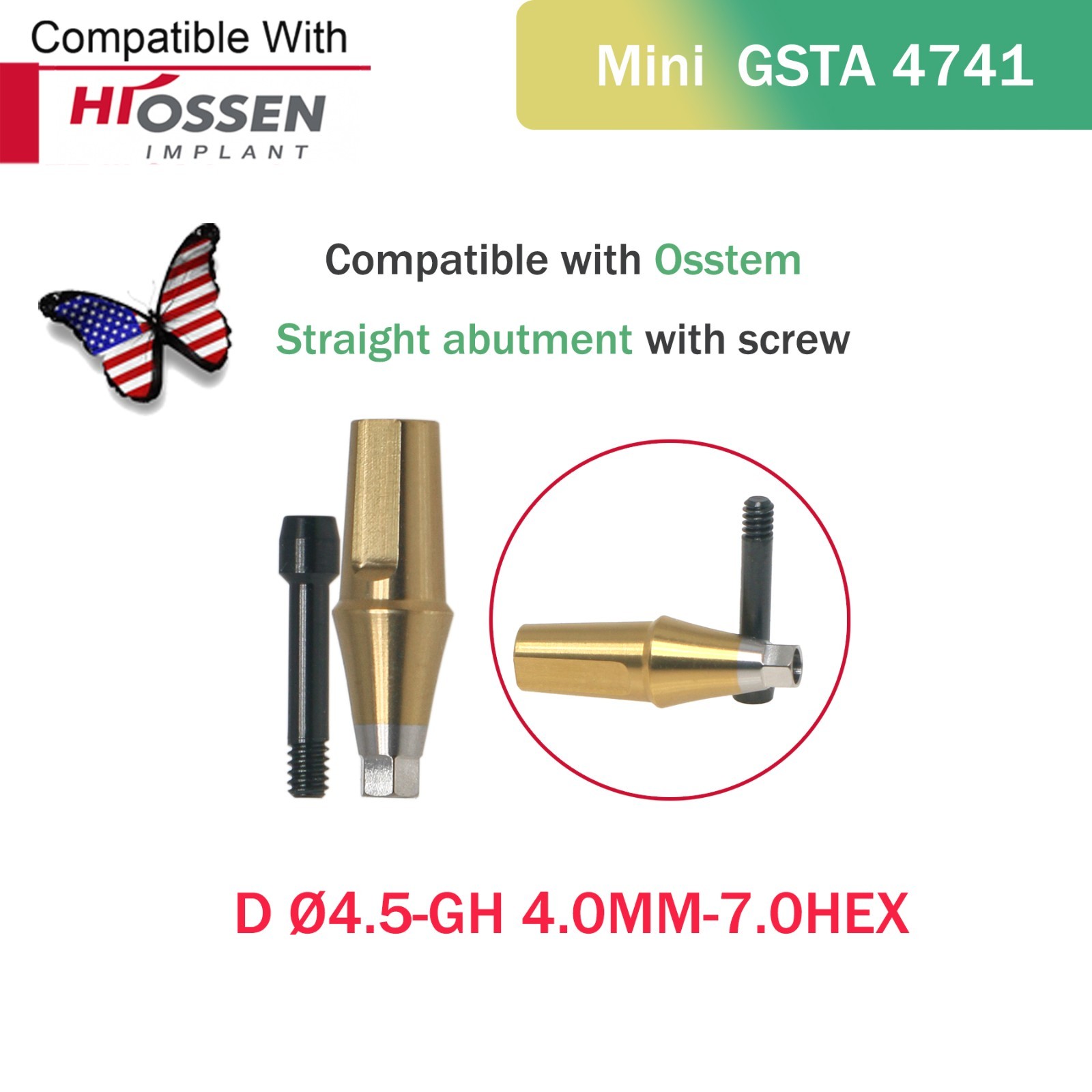 US Titanium Straight Transfer Hex Abutment Fit Hiossen ET/Osstem TS Mini/Regular