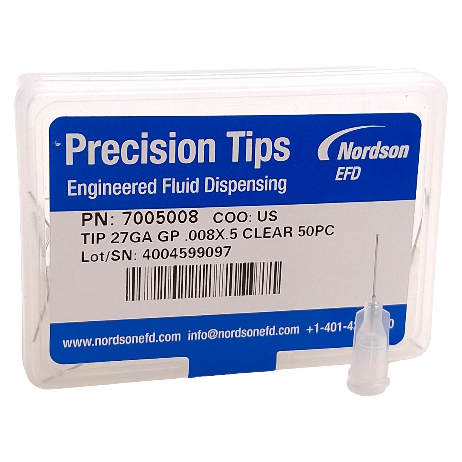 Nordson EFD 7005008 Precision SS Tips, Clear, 27GA, 0.008in ID x 0.5in L, 50/Box