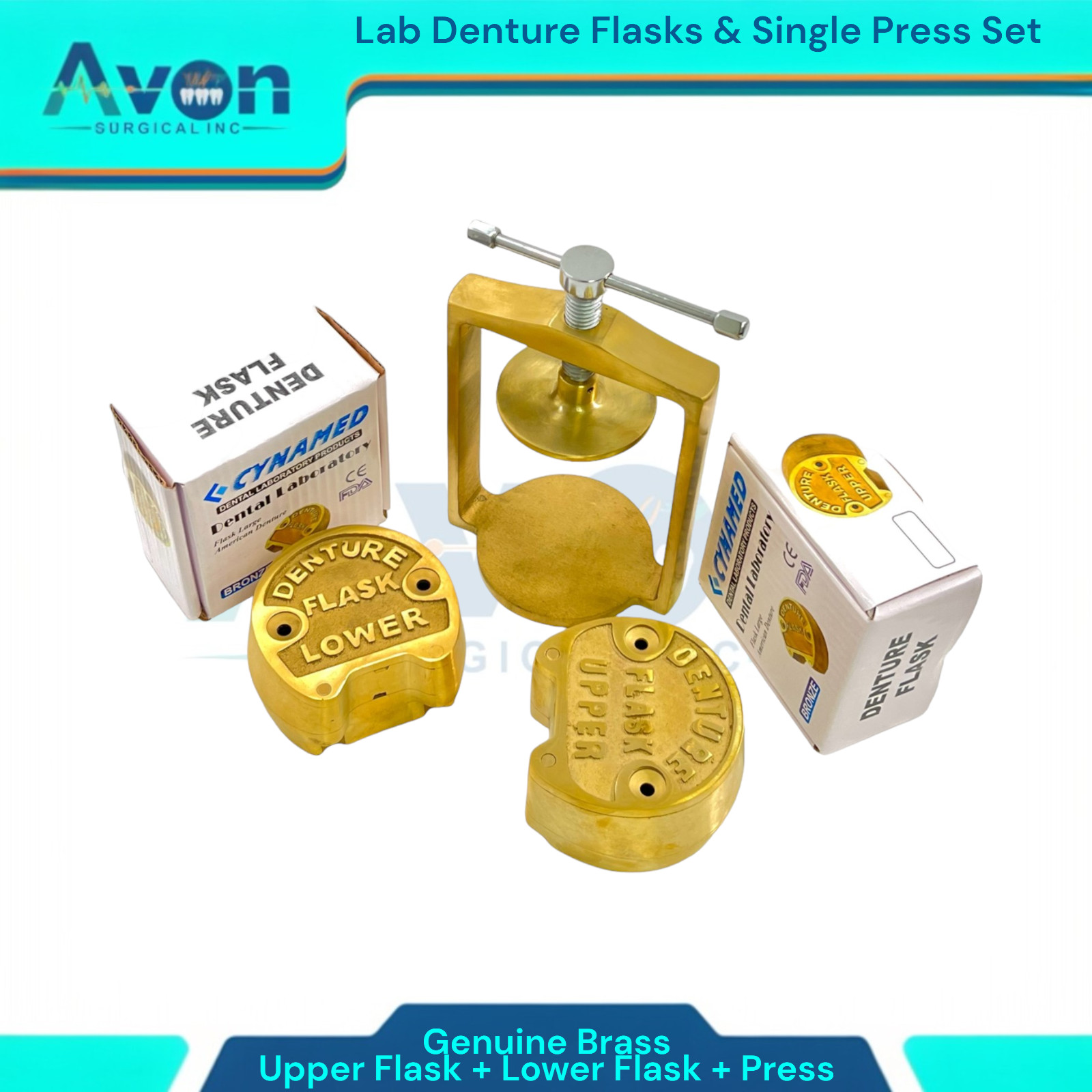 Set of 3 | Denture Compression Flask Press + Upper & Lower Flasks -Genuine Brass