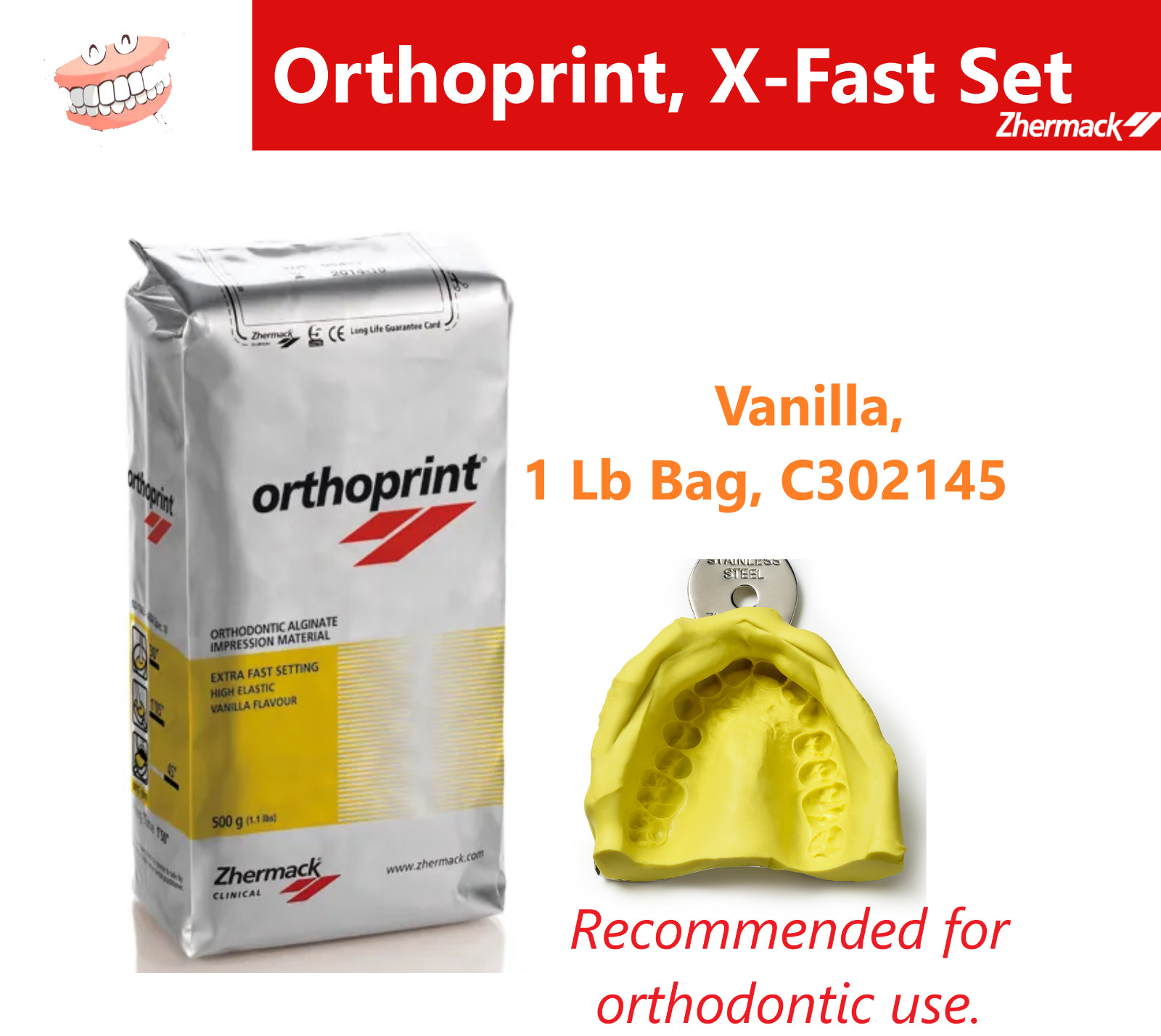 Dental Orthoprint Impression Alginate Dust Free X-Fast Set Vanilla, 1Lb Zhermack