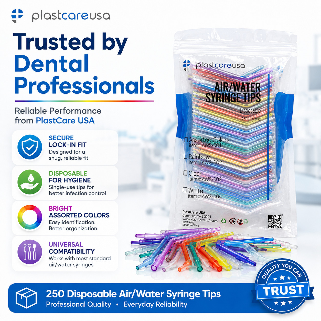 10 Bags Dental Disposable Air Water Syringe Tips, Assorted Rainbow, (2500 Total)