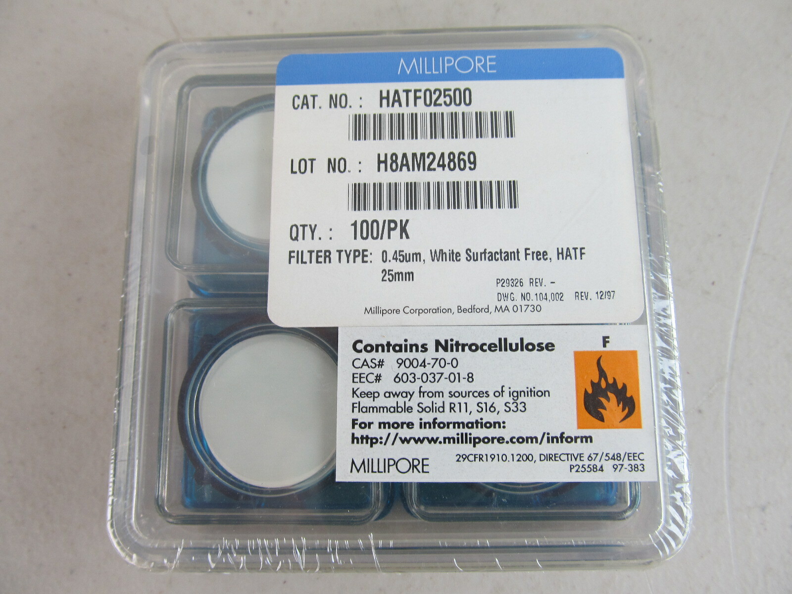 MILLIPORE 0.45um White HATF 25mm HATF02500 Immobilon-NC Transfer Membrane 100/pk