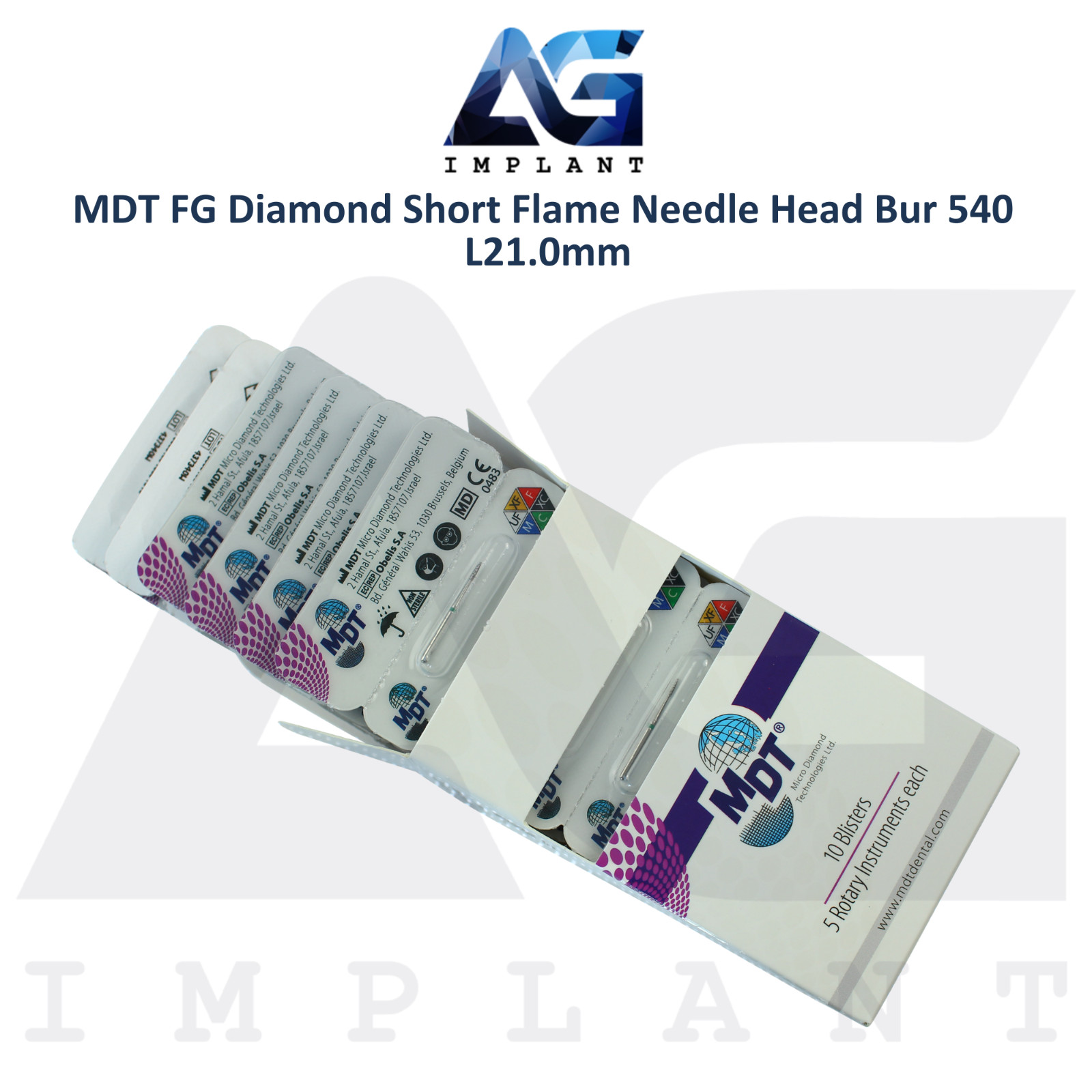 MDT Dental FG Diamond Coated Short Flame Needle Head Bur 540 L21.0mm Contouring