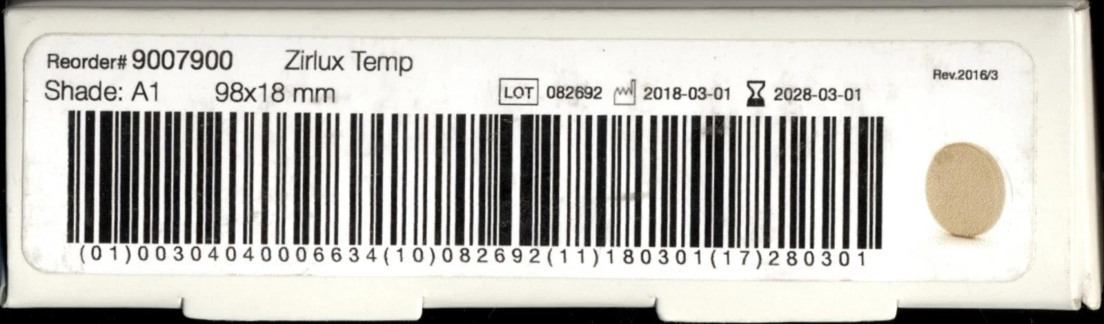 Used Zirlux Temp PMMA – 98×18 mm – Shade B1 – 900-7905 – Use By 2026-03
