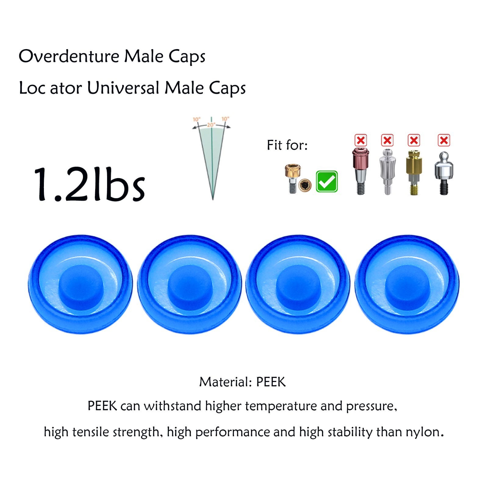 US Dental Overdenture Abutment Removable Male Caps Inserts Standard Blue 1.2 lbs