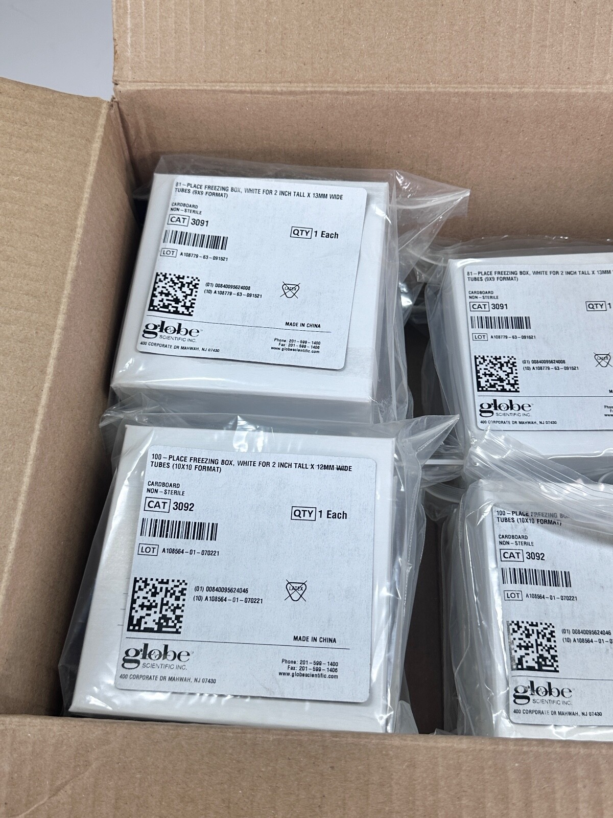 10x GLOBE NEW Cardboard Cryo Storage Box w/ Grids 3091 and 3092