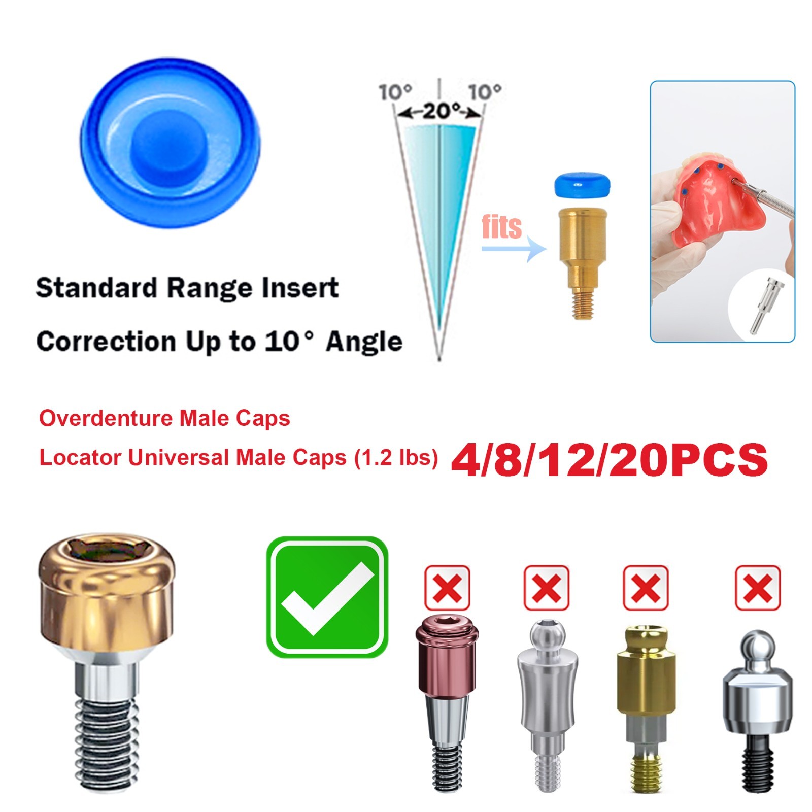Locator Core Tool & Overdenture Retention Replacement Caps Insert 0.8/1.2/2.4lbs