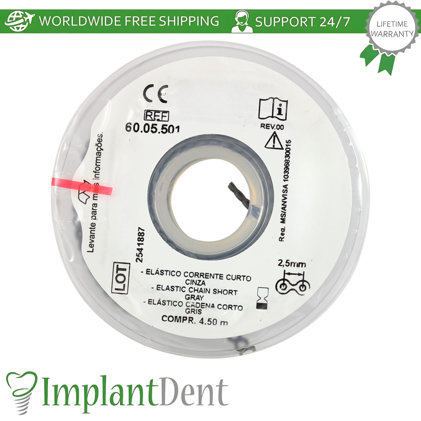 Elastic Chain Gray Short 2.5mm Gap Dental Bracket Slot Arches Fixation 4.5m Roll