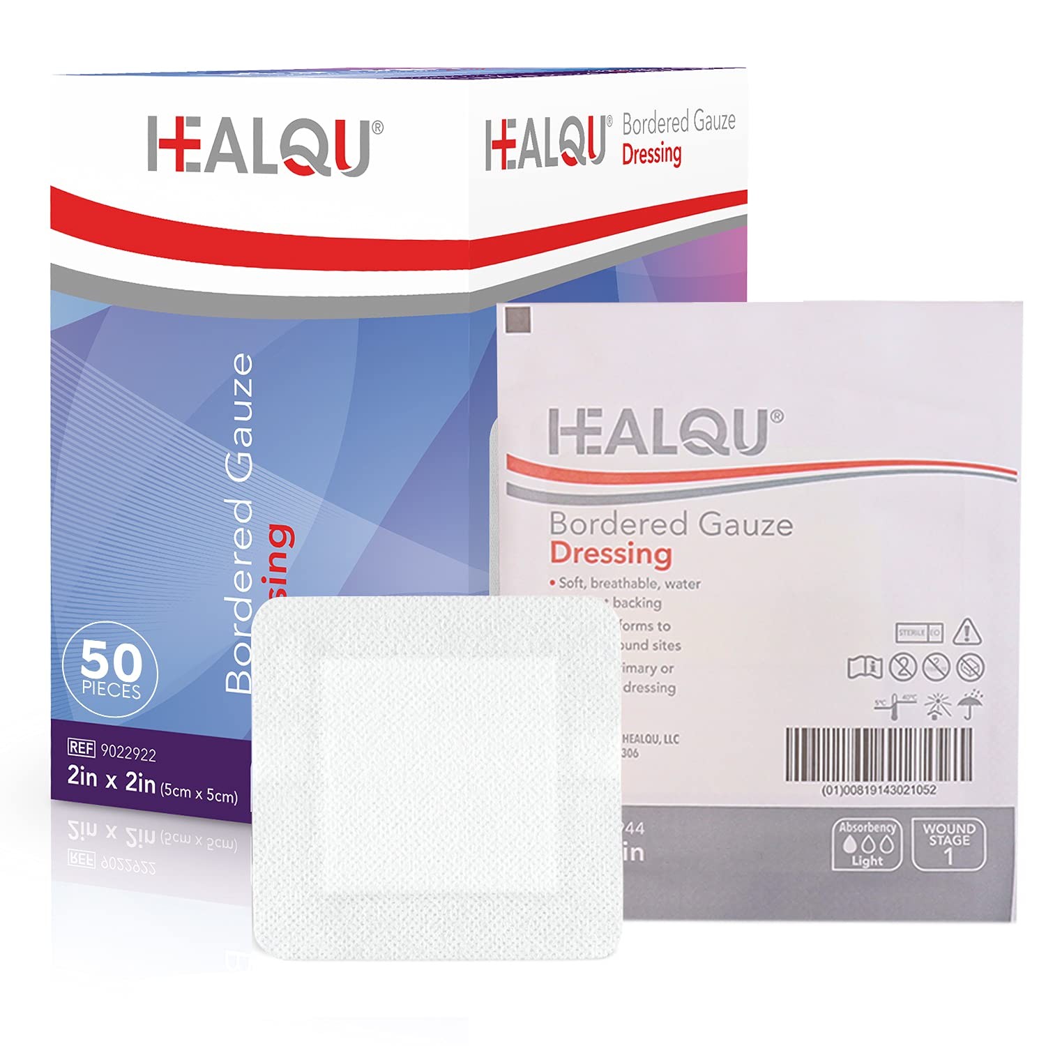 HEALQU Bordered Gauze Island Dressing – 50 2×2″ (1×1″ pad) Box of 50, White