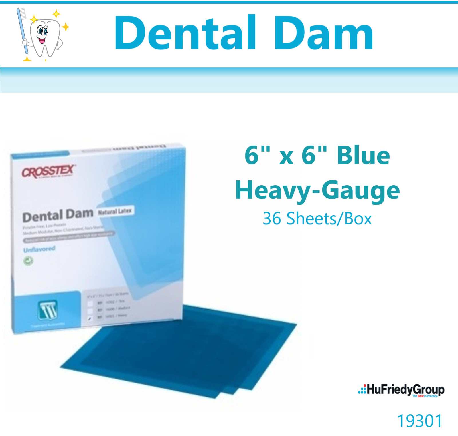 Dental Dam, Heavy Duty, Blue, 6″ x 6″, Unflavored, 36 sheets/bx, Crosstex 19301