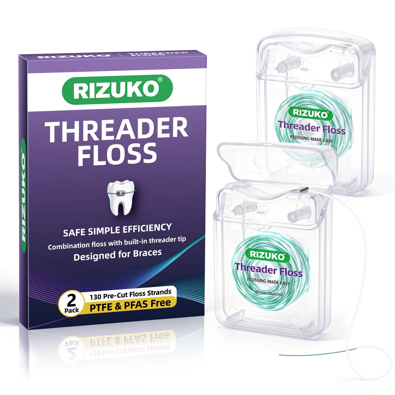 Threader Floss,2-in-1 Dental Floss for 65 Count(Pack of 2), Green+white