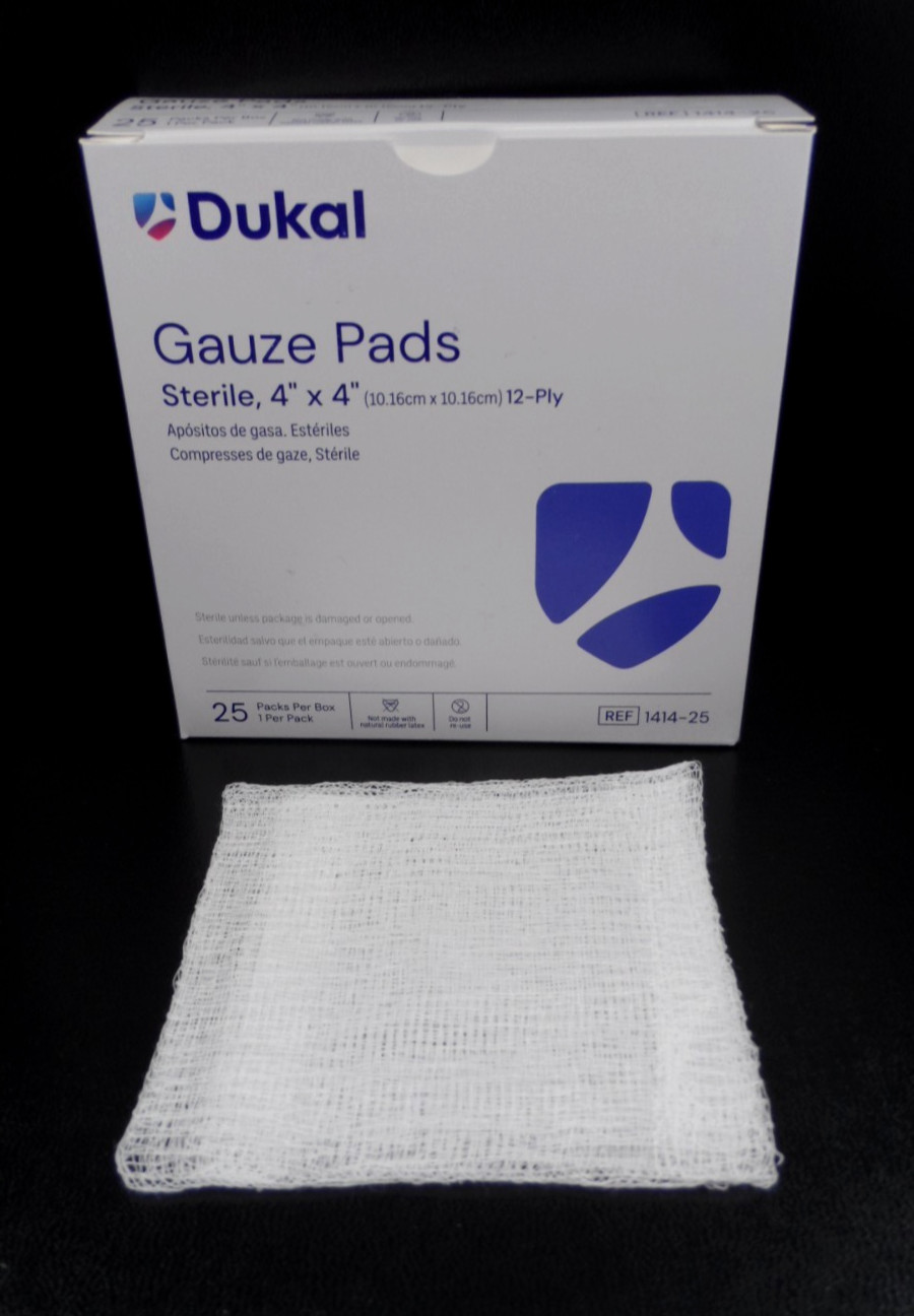 Dukal Gauze Pads 4″ x 4″ Sterile 12 ply ~ 25 Packs per Box ~ 1 Per Pack 1414-25