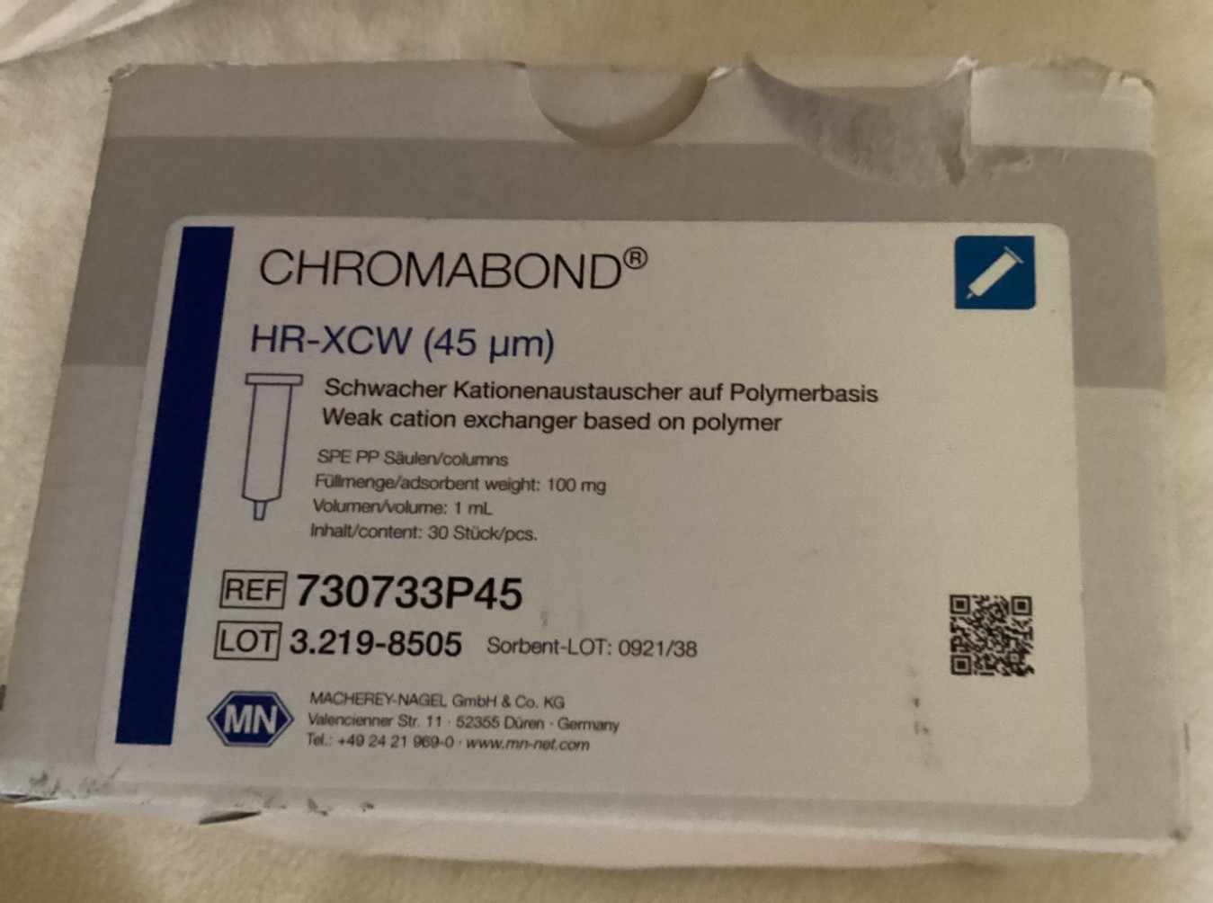 MACHEREY-NAGEL SPE column, CHROMABOND HR-XCW 45 µm, 1 mL/100 mg, 730733P, Box/30