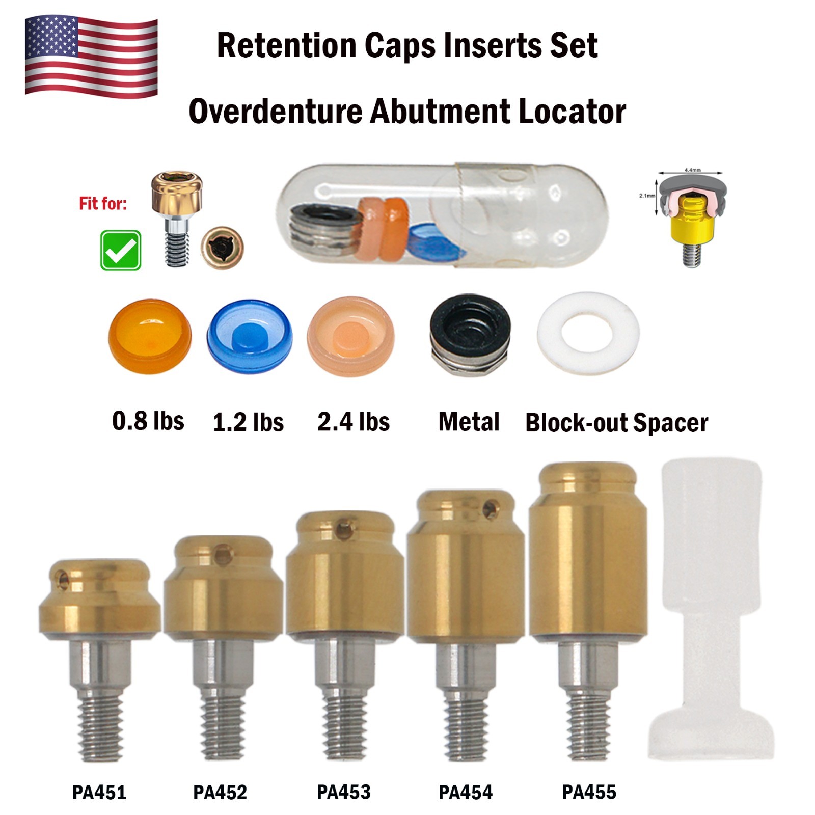 US Locator Overdenture Abutment Fit Zimmer Screw-Vent 4.5mm Male Cap Kit Implant