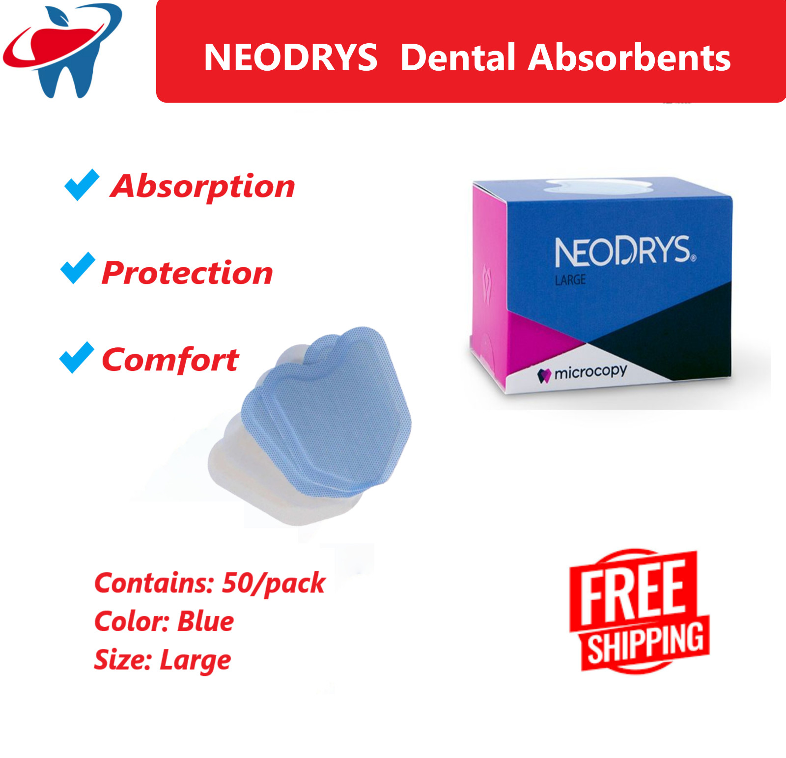 Neodrys Dental Dry Corner Saliva Absorbents Cotton Roll Substitute, Large, 50/Bx