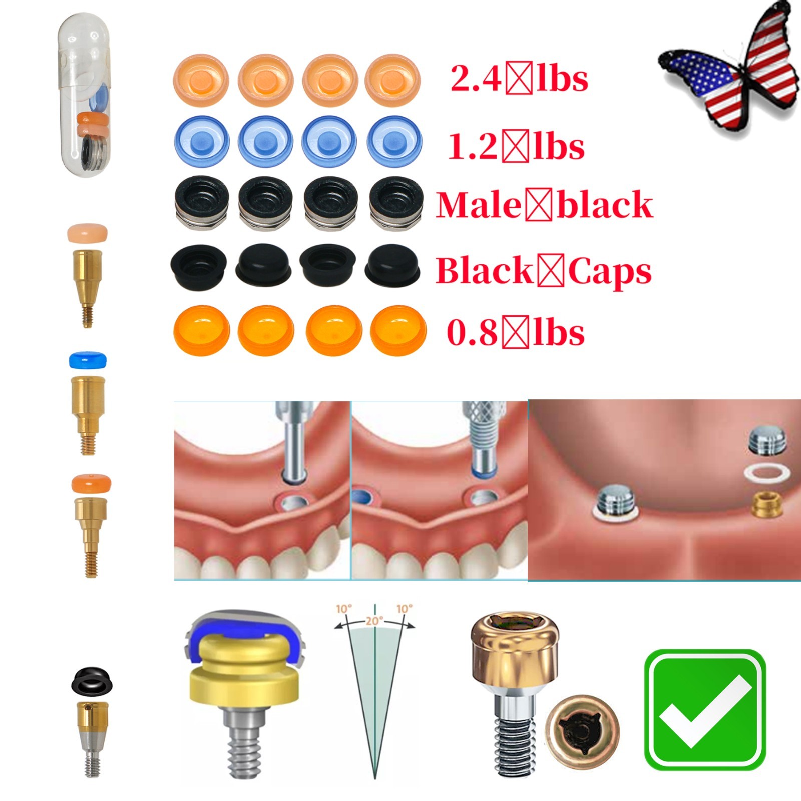 Locator Core Tool & Overdenture Retention Replacement Caps Insert 0.8/1.2/2.4lbs