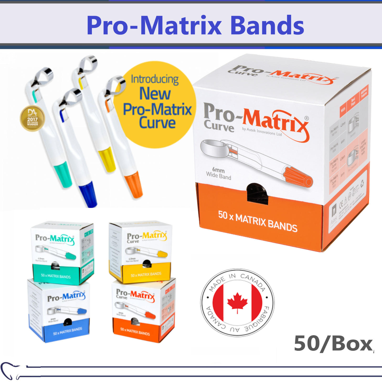 Dental Pro-Matrix Bands Straight or Curved, 6mm or 45mm, 50/Box Blue Teal Orange