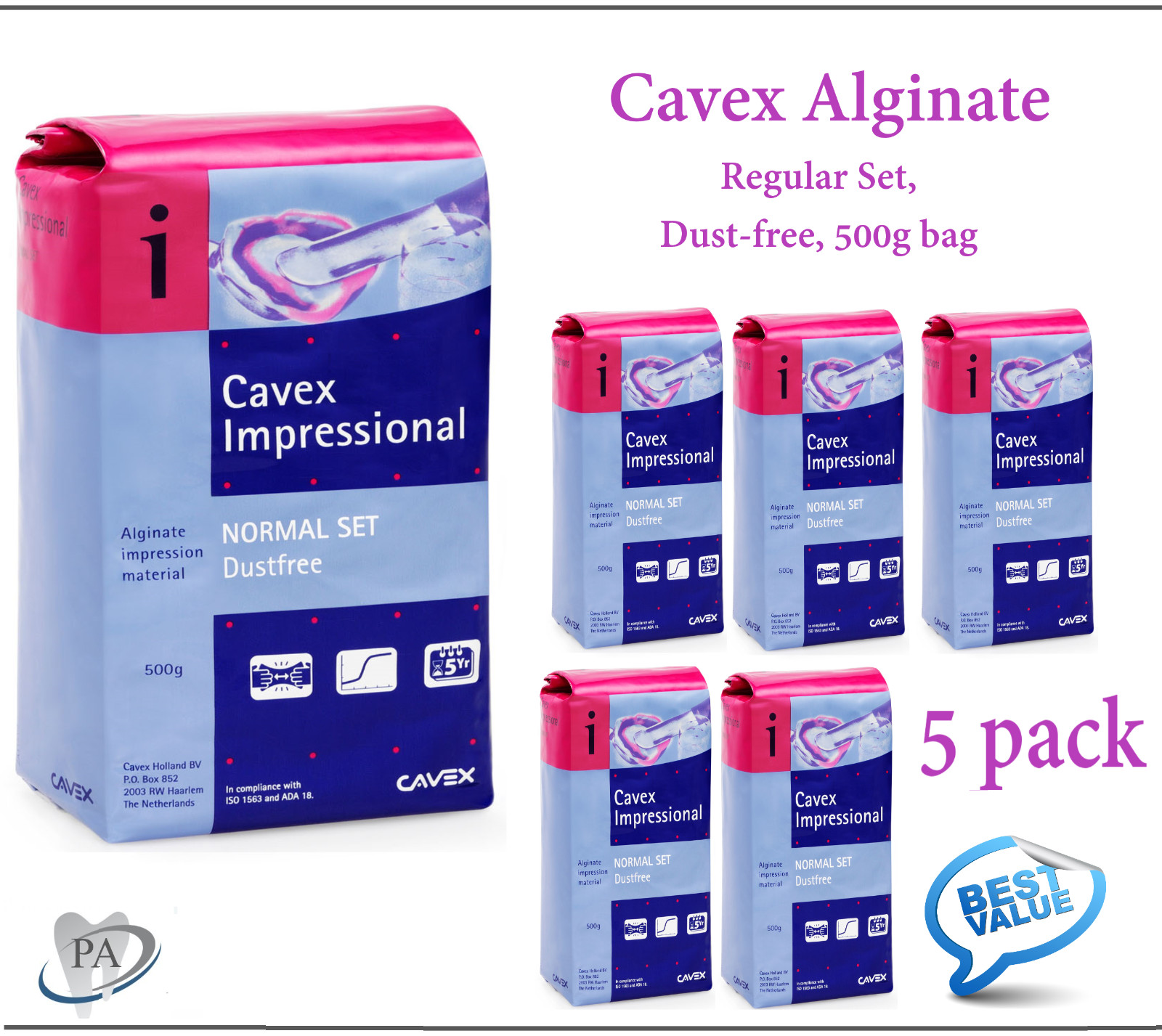 5/Pack – Dental CAVEX IMPRESSION MATERIAL Alginate, Regular Set, Dust-free, 500g