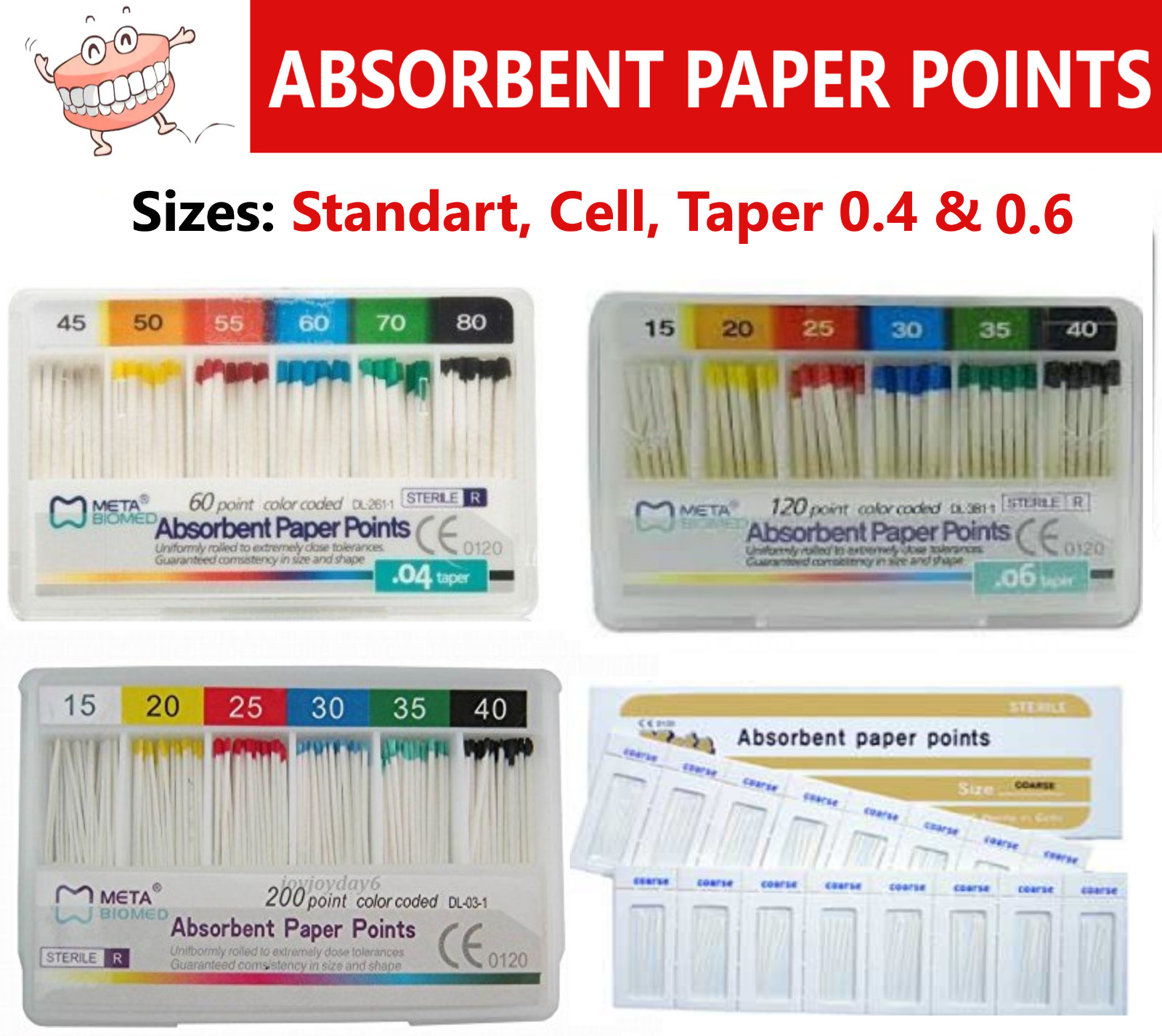 Endo Absorbent Paper Points Taper .04 or .06, Standart – #15/40, #45/80 Etc Meta