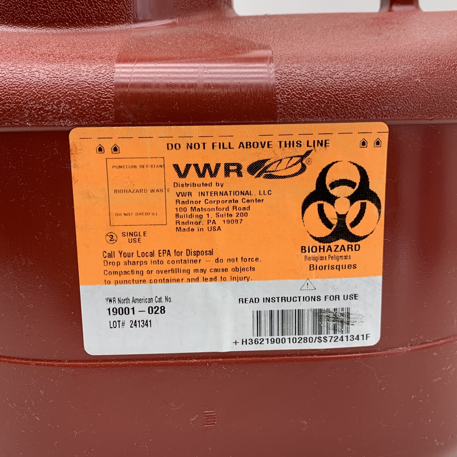 VWR 19001-028 Single Use Large Sharps Container System, Wide Opening, 11.4L 3Gal
