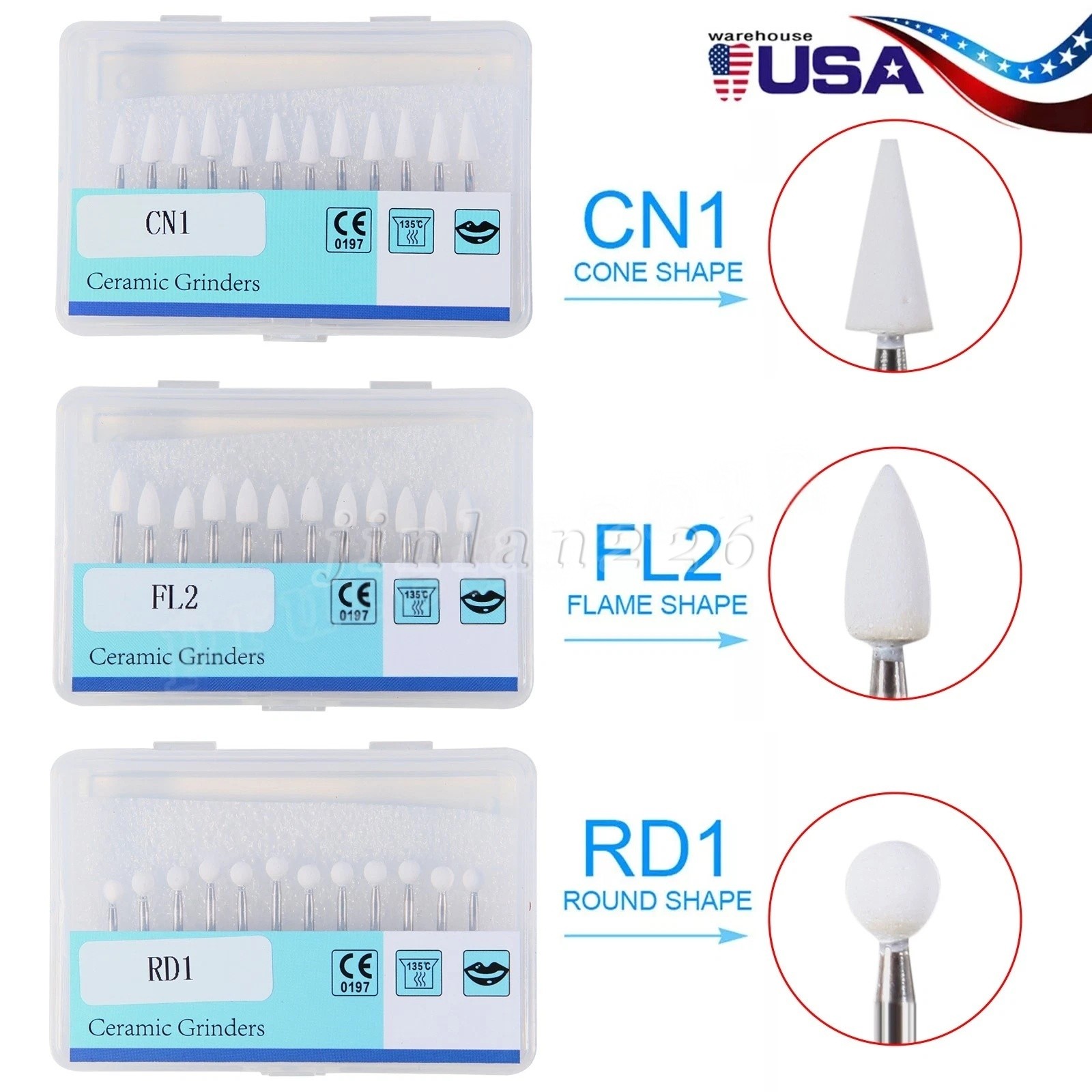 Dental White Stone Porcelain Handpiece Polishing Burs FG Cone/Flame/Round