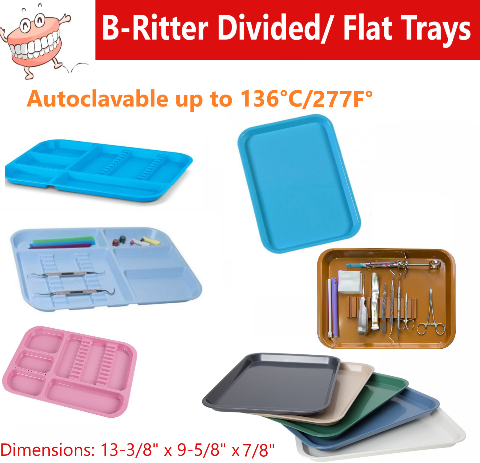 Dental Instrument Flat Setup Trays Size B Divided B Ritter Tray, Autoclave 275F