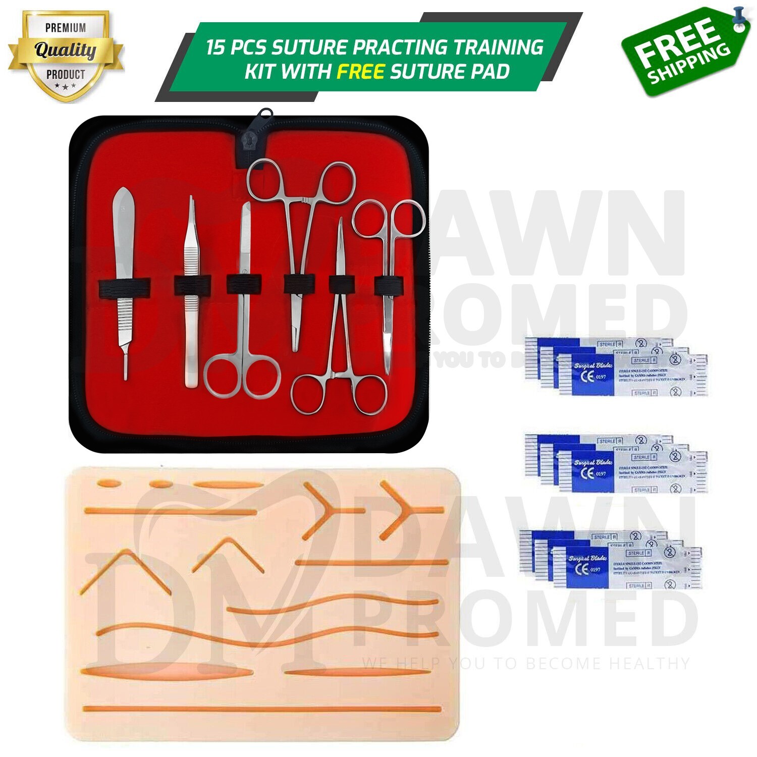 15 Pcs Practice Suture Kit Set W/FREE Case & Pad Student Training German Grade