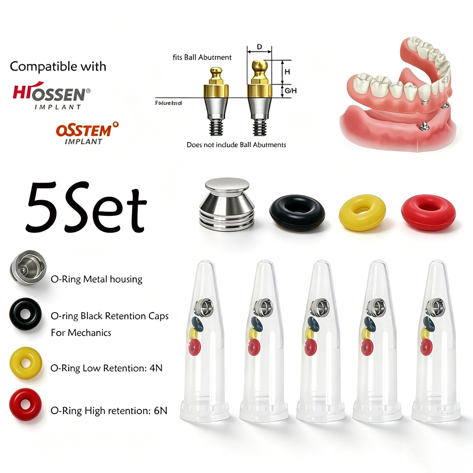 5Set US Implant Ball Attachment O-Ring Caps set Metal Housing for Hiossen Osstem