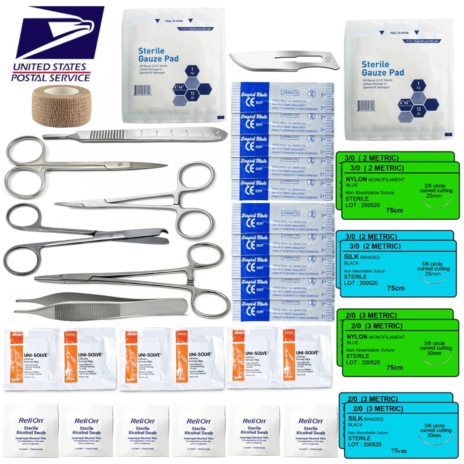 Surgical Suture Kit Basic First Aid Medical Travel Kit – 39 Pieces USA MADE !!
