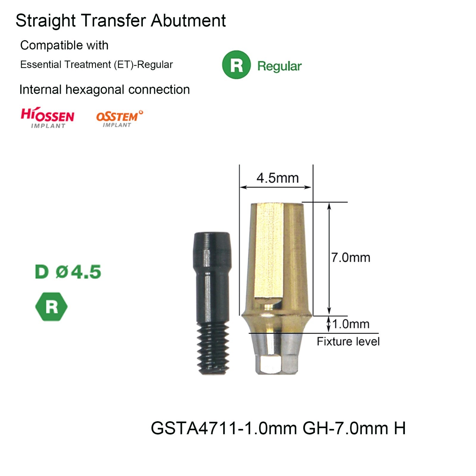 US Dental Ti Standard Straight Abutment W/Replica Screw fit Hiossen ET Regular