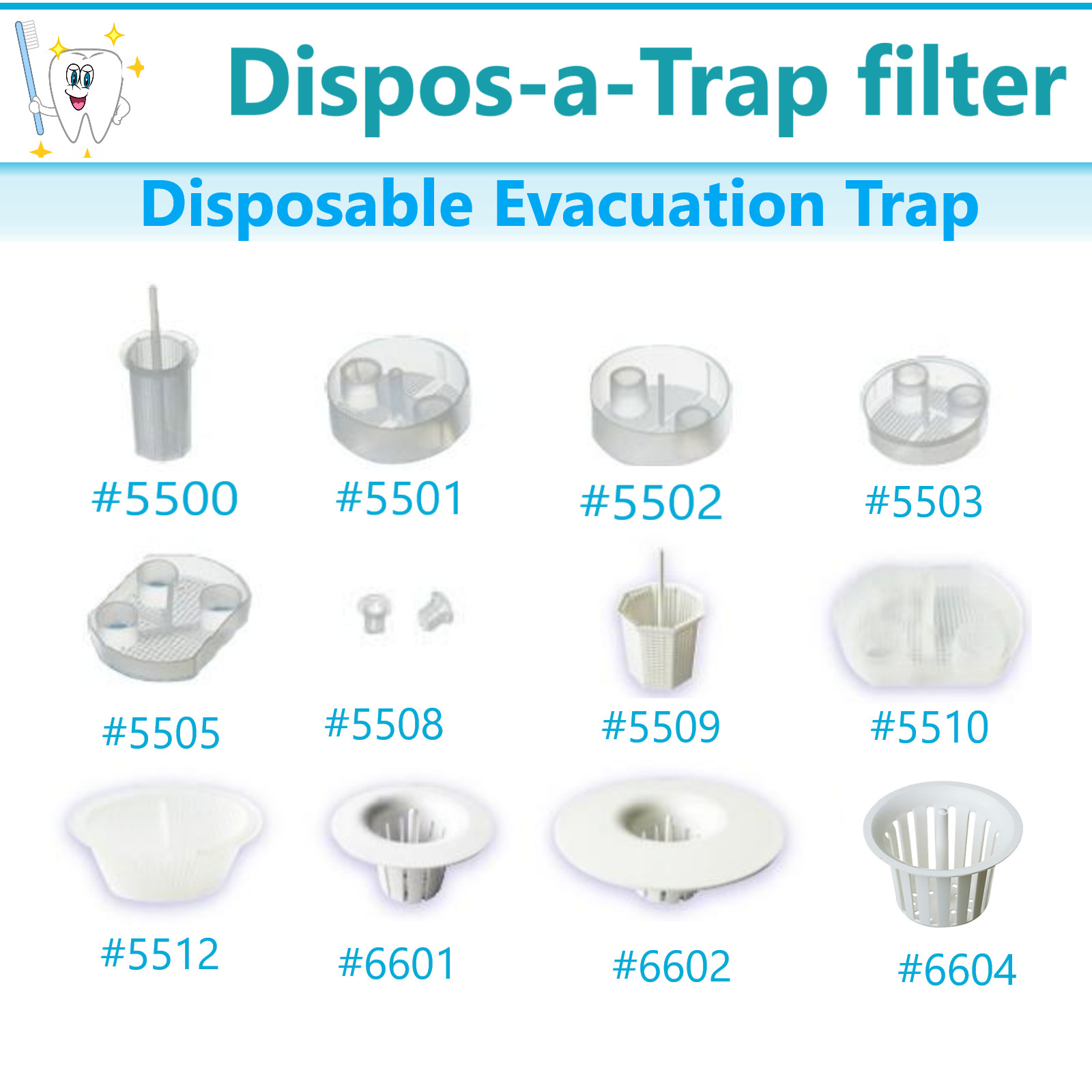 Dental Disposable Evacuation Traps #6100, #5503, #5501 Dispos-a-Trap, All Models