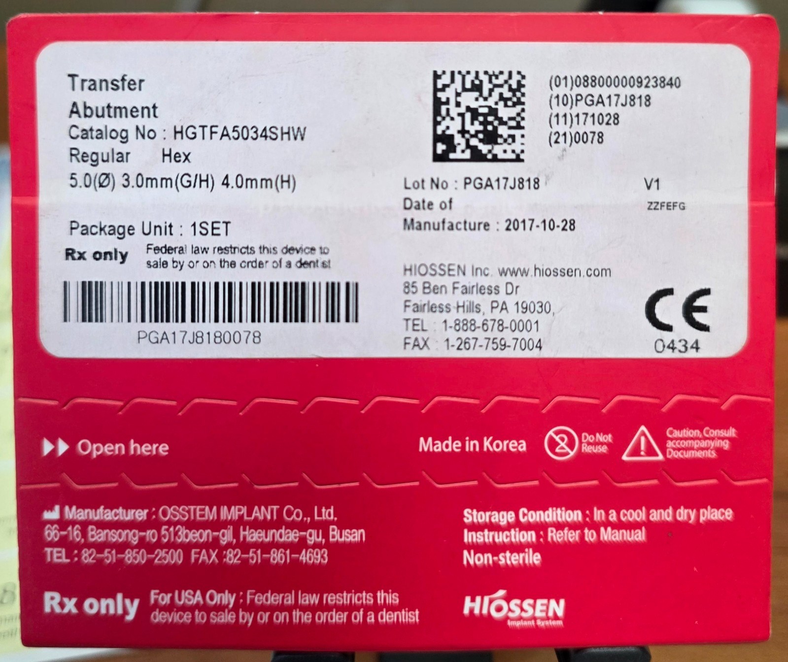 HIOSSEN IMPLANT Transfer Abutment Regular Hex 5.0Ø , 3.0 mm (G/H), 4.0mm (H)
