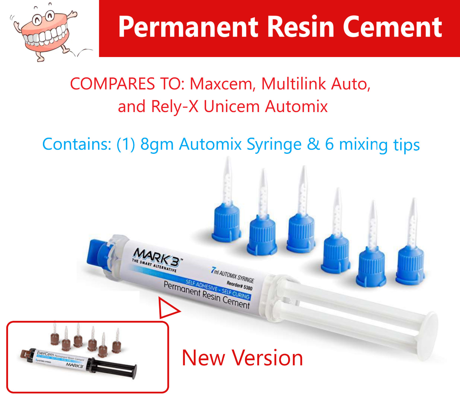 Dental Permanent Resin Cement Self Adhesive Self Curing, 8mL 6 Mix Tip Dual Cure