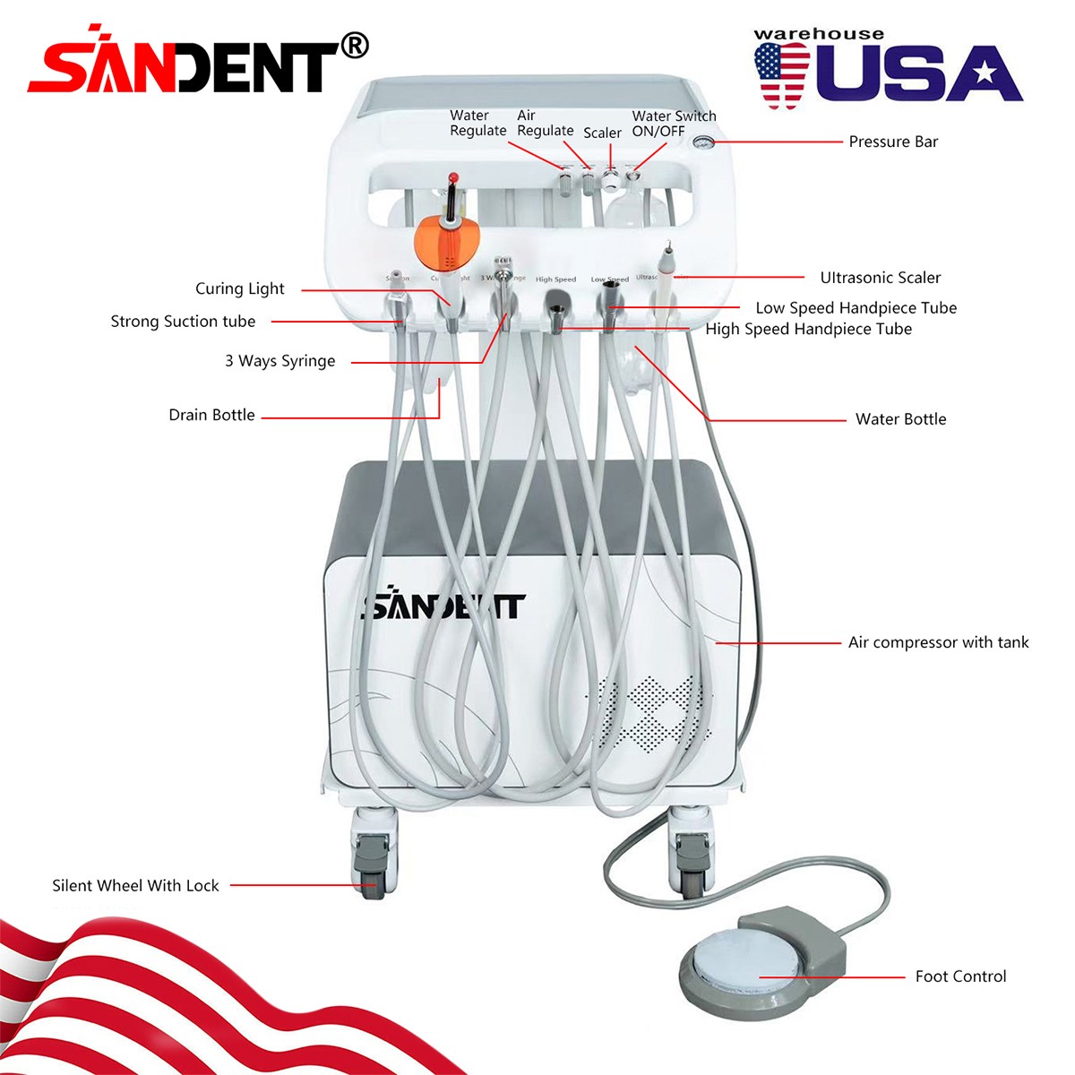 4-HOLE Dental Delivery Mobile Cart Unit Equipment w/compressor Scaler Light