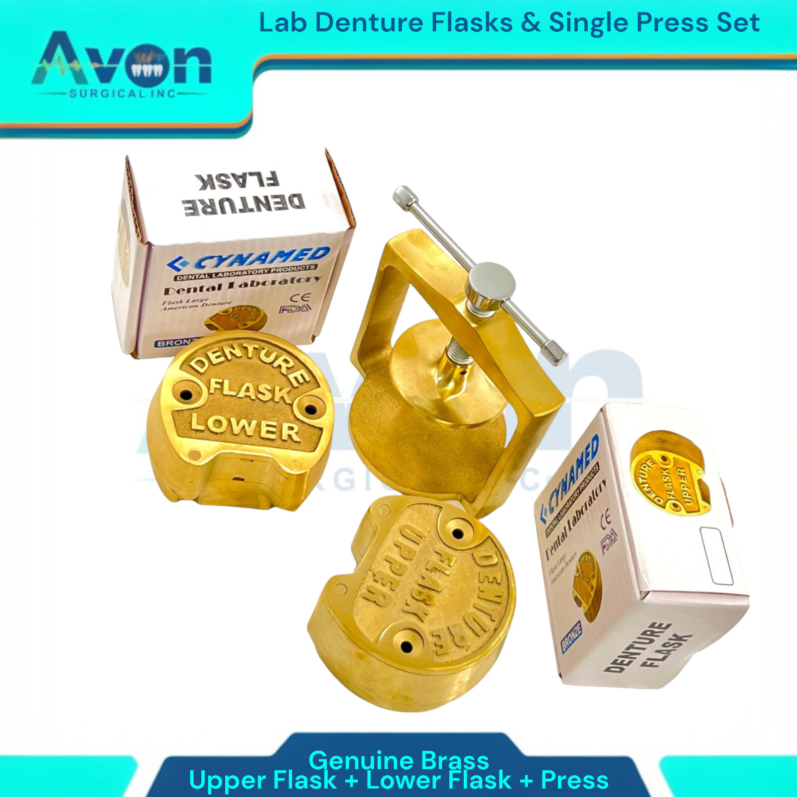 Set of 3 | Denture Compression Flask Press + Upper & Lower Flasks -Genuine Brass
