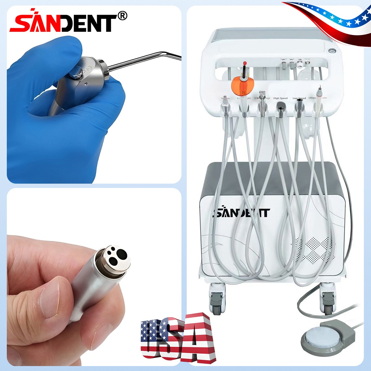 4-HOLE Dental Delivery Mobile Cart Unit Equipment w/compressor Scaler Light