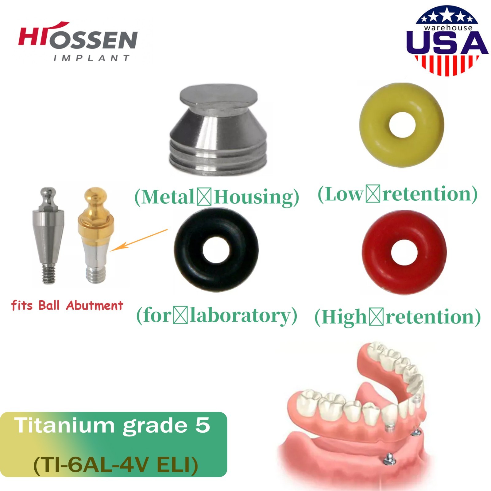 Dental O-Ring Retention Caps For Ball Attachment Abutment Hiossen/Osstem 4pc/set