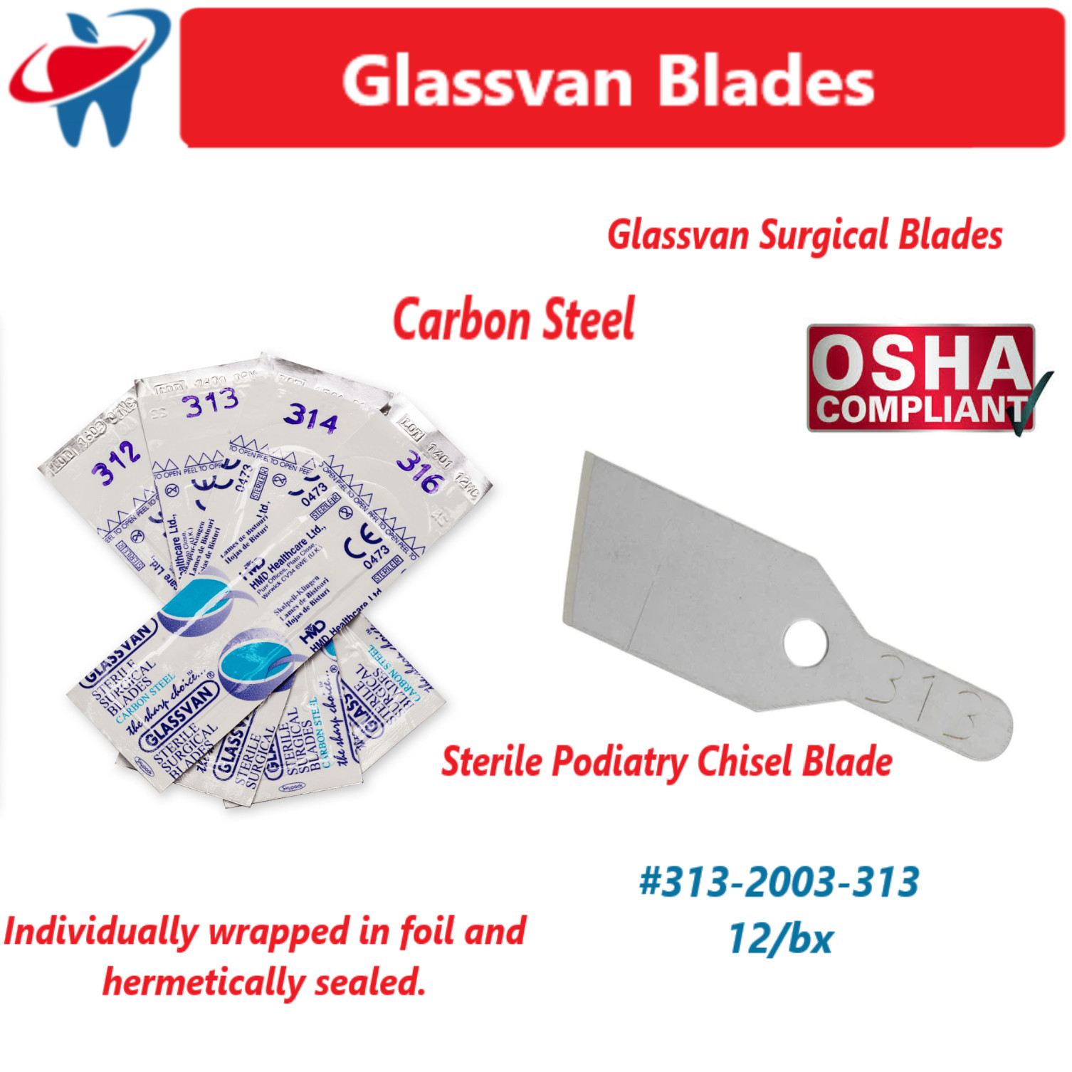 Myco Medical Glassvan Chisel Podiatry Blades Sterile Surgical Blade #313, 12/Box