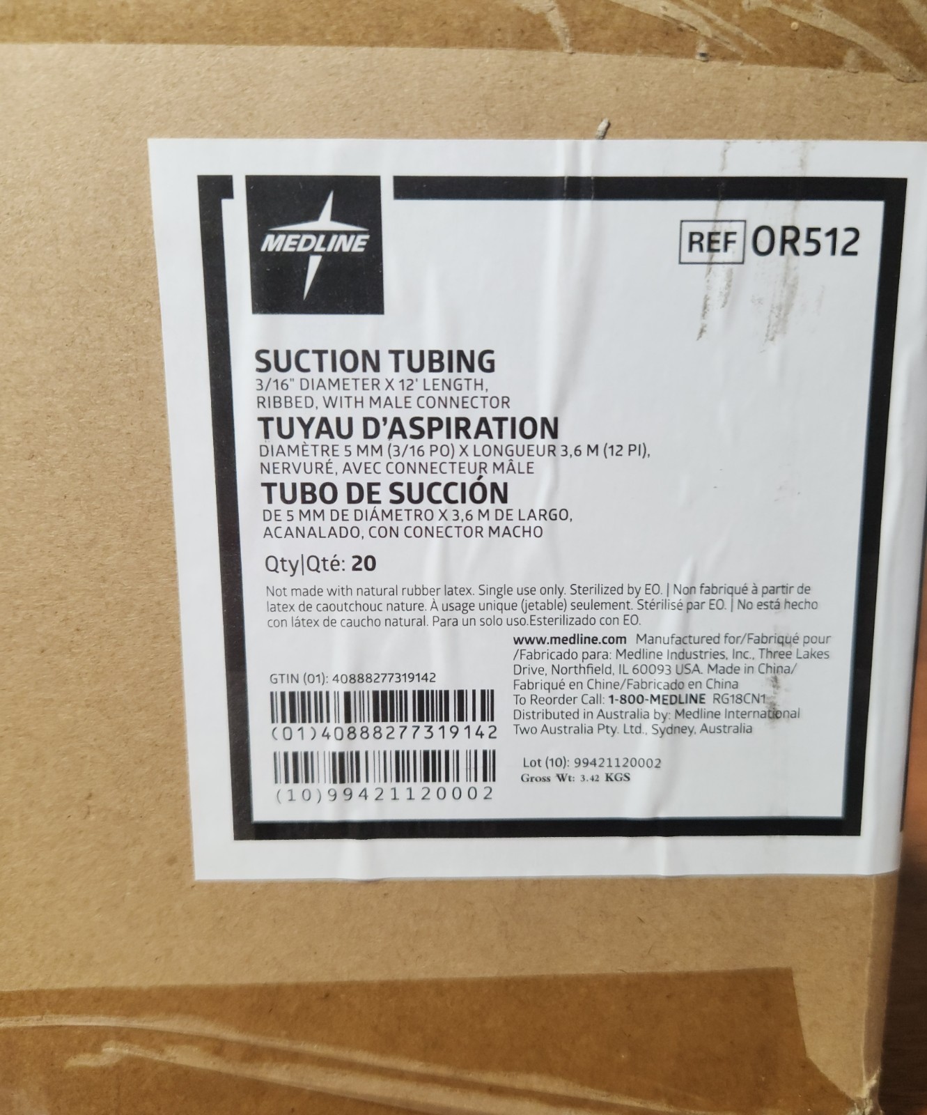 Bulk Medical Tubing Medline OR512 Suction Tubing 3/16in x 12ft Ribbed -Box of 20