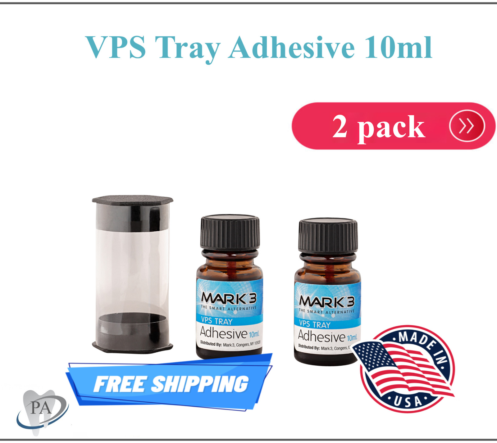 Dental VPS Tray Adhesive 10ml – MARK3, 2 Pack Bottles, Applicator Included USA