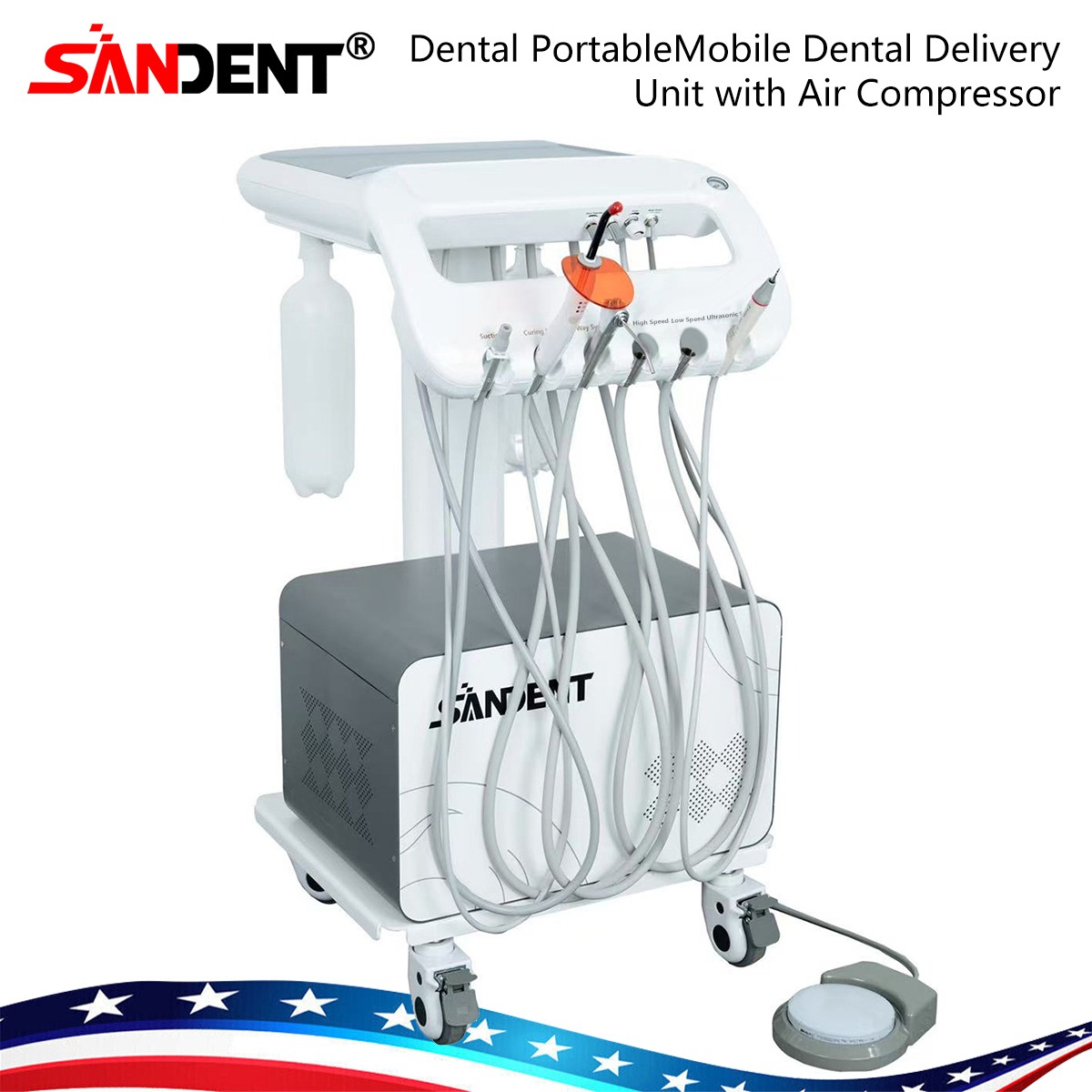 4-HOLE Dental Delivery Mobile Cart Unit Equipment w/compressor Scaler Light